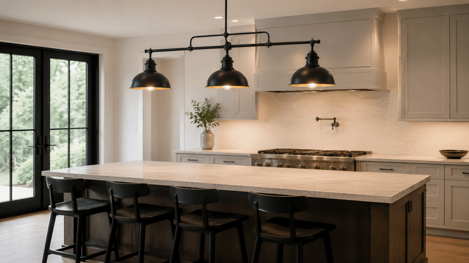 interior photo of a multi-light kitchen island pendant hanging above a long kitchen island in a spacious cooking area the fixture has a straight black metal bar mounted to the ceiling with three t