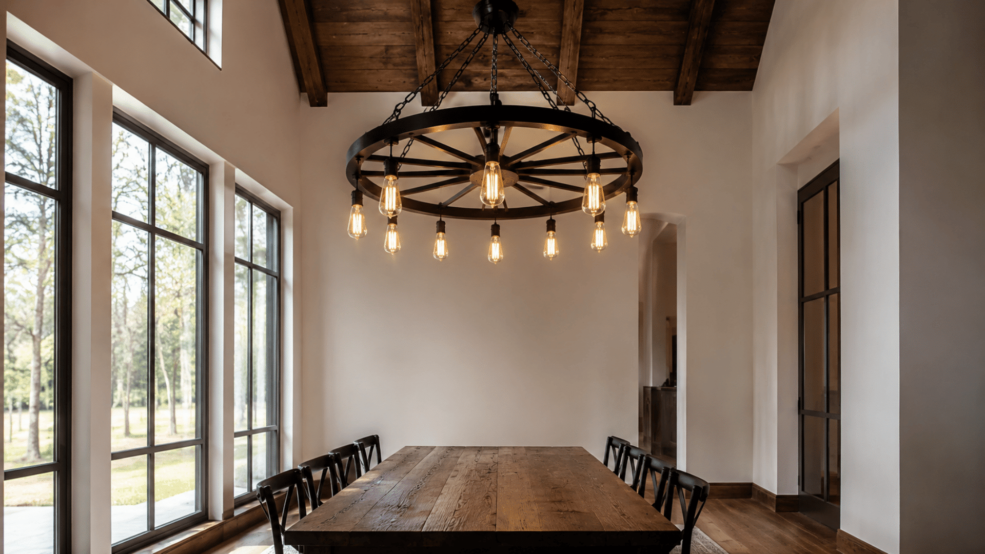 interior photo of a wagon wheel chandelier hanging from a high ceiling in a large open dining room the chandelier has a circular black iron frame with evenly spaced exposed filament bulbs around t