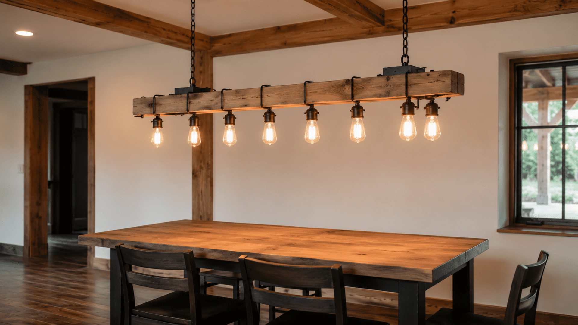 interior photo of a wood beam chandelier hanging above a rectangular dining table in an open room the fixture has a long solid wooden beam base with black metal fittings and evenly spaced exposed
