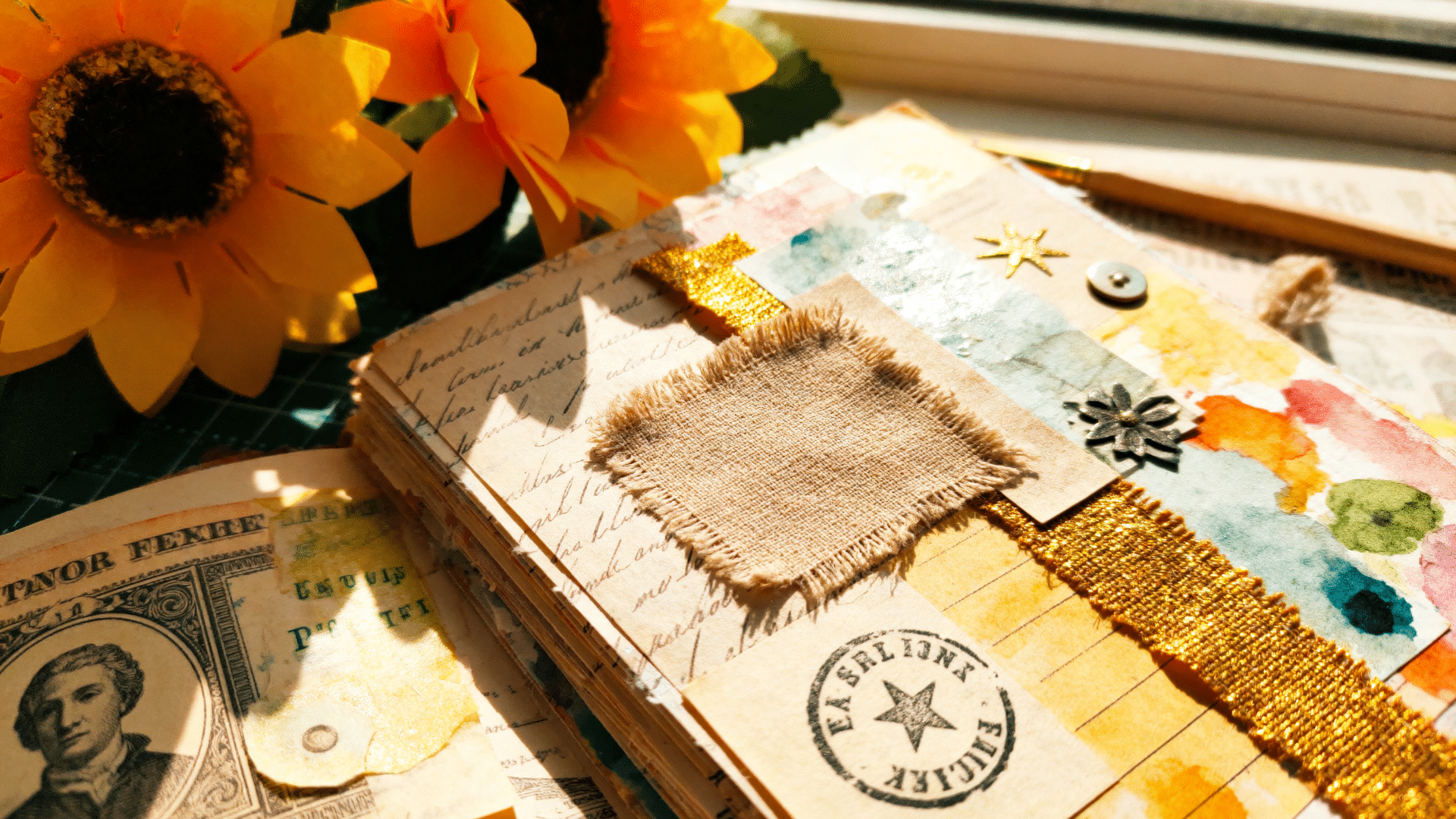 junk journaling and mixed media scrapbook pages layered with paper scraps, textures, and creative elements.