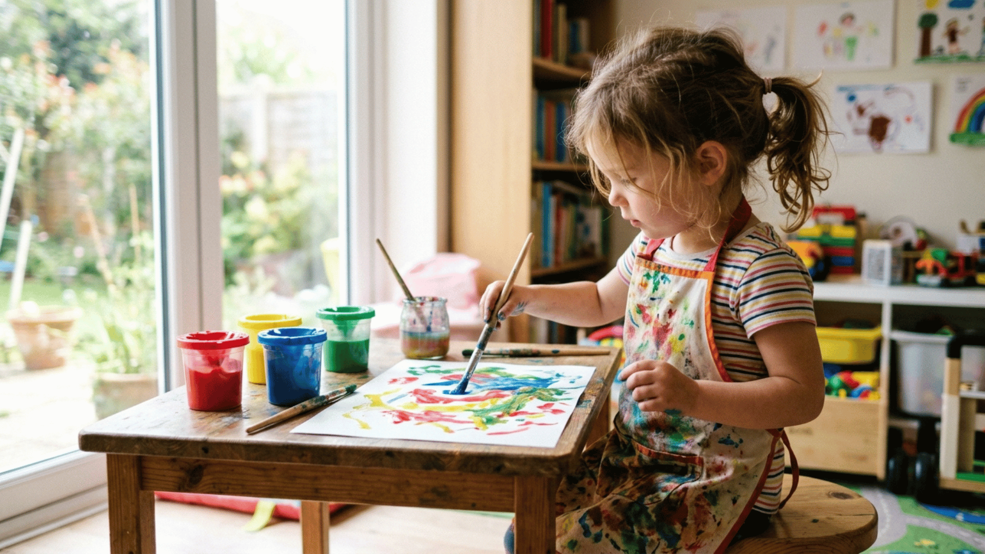 young child holding a paintbrush painting freely at a small table