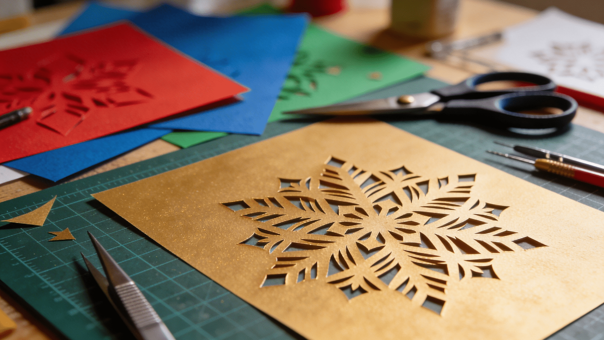 kirigami snowflake art with intricate cut patterns displayed against a contrasting background.