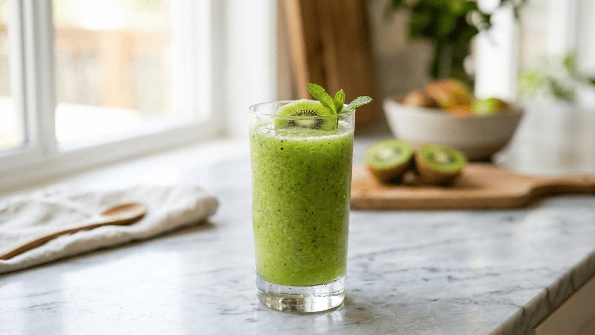 kiwi melon smoothie in a glass topped with fresh kiwi slice