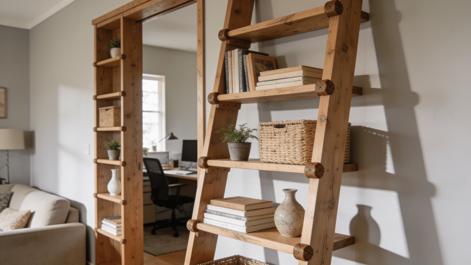 `ladder shelf unit used as a decorative room divider`