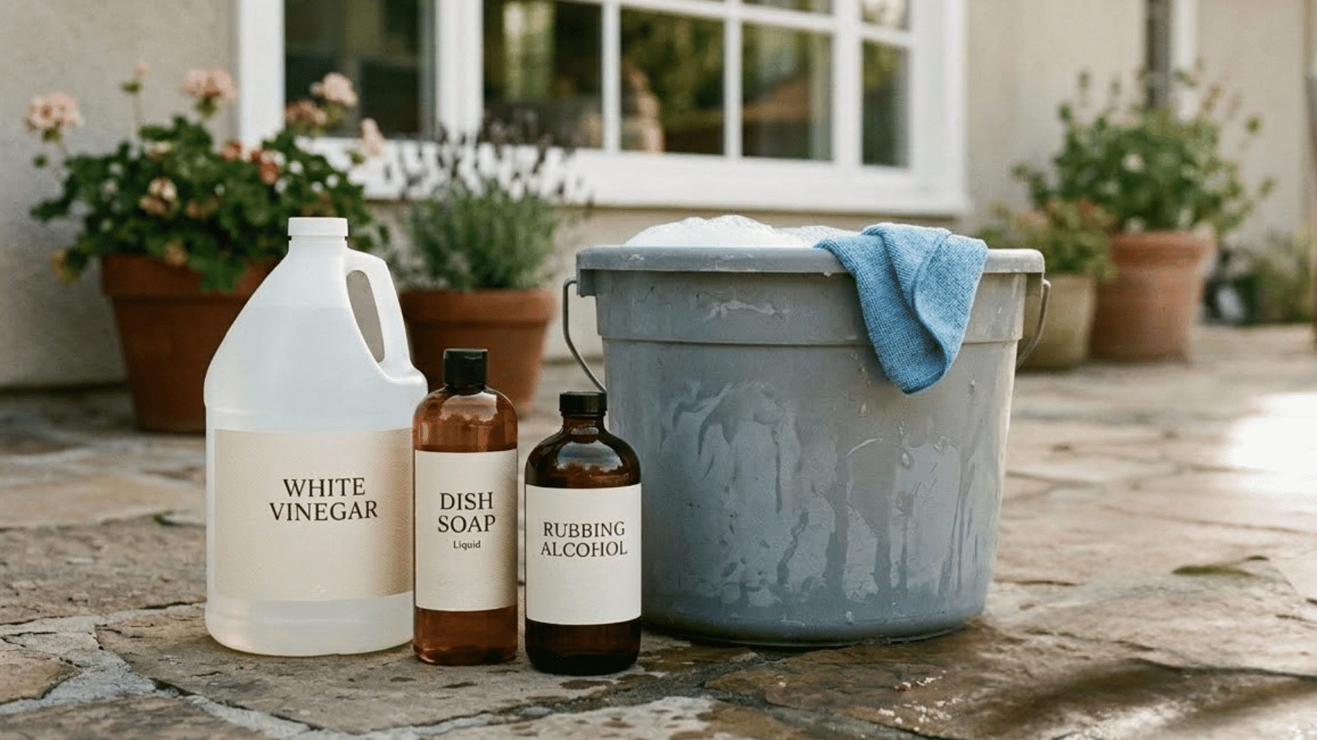 a bucket of vinegar, dish soap, and rubbing alcohol solution with a squeegee and hose, a large-batch cleaner for outdoor windows