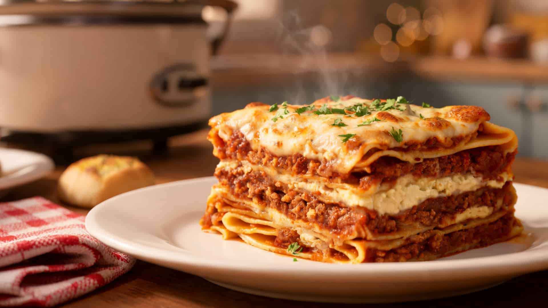 lasagna slice with layers of pasta meat sauce and melted cheese served on a white plate