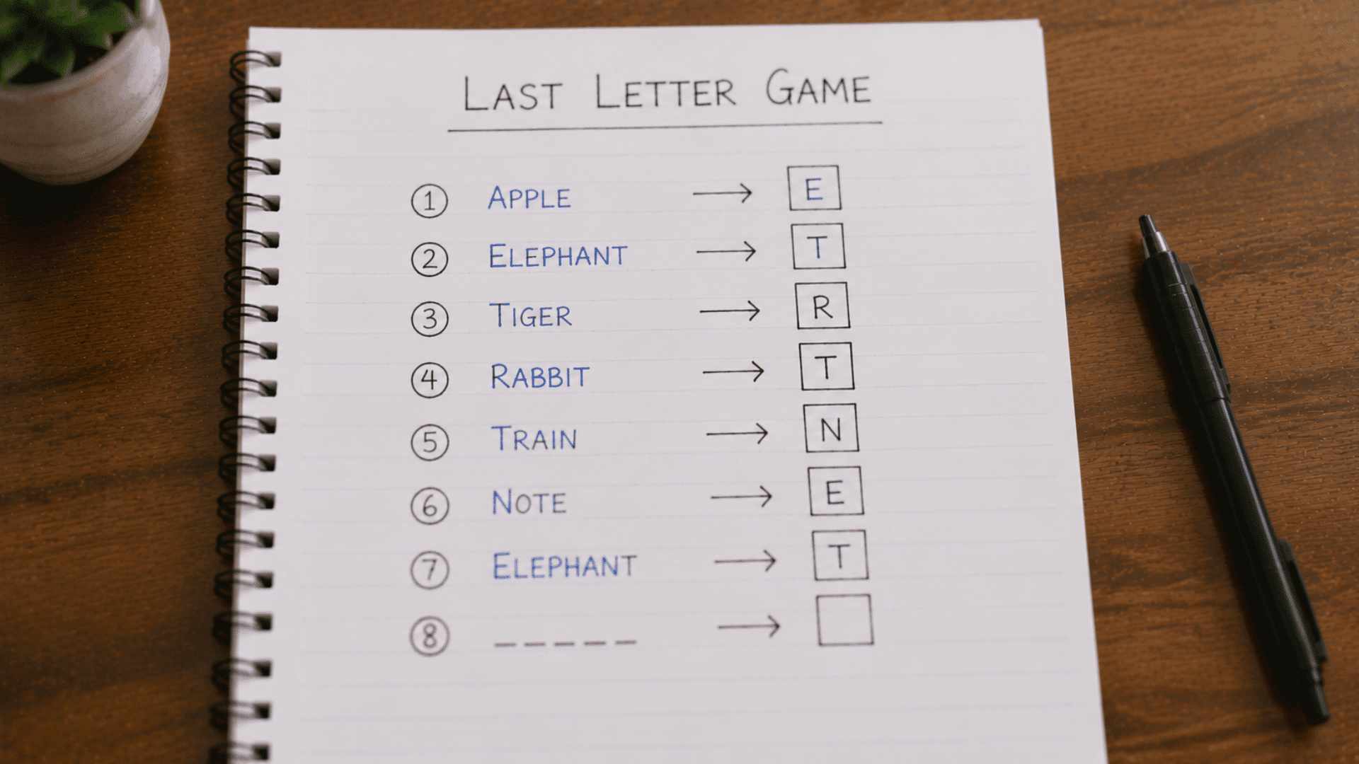 last letter game written in a spiral notebook with a list of words, arrows, and boxes next to a black pen