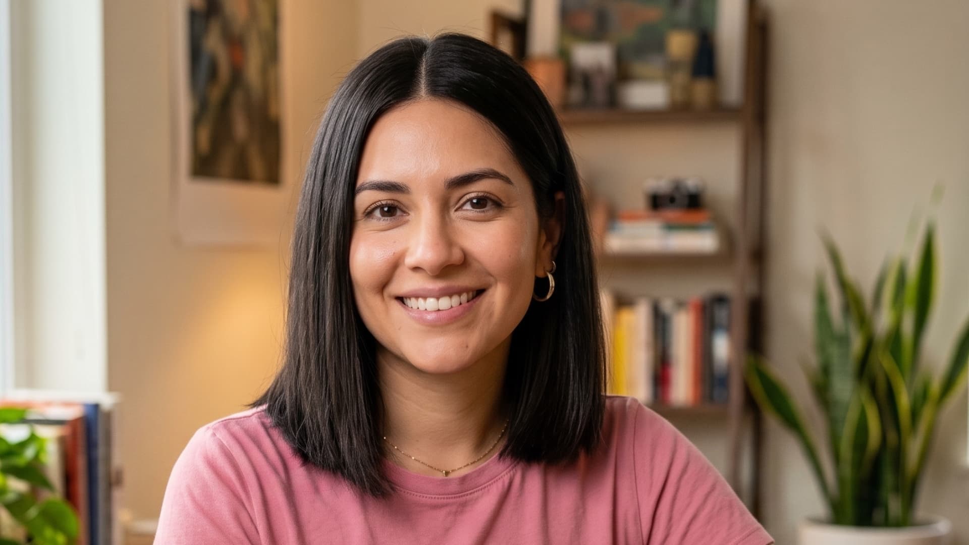 latina woman with a blunt lob featuring thick dark hair a center part and a full even baseline