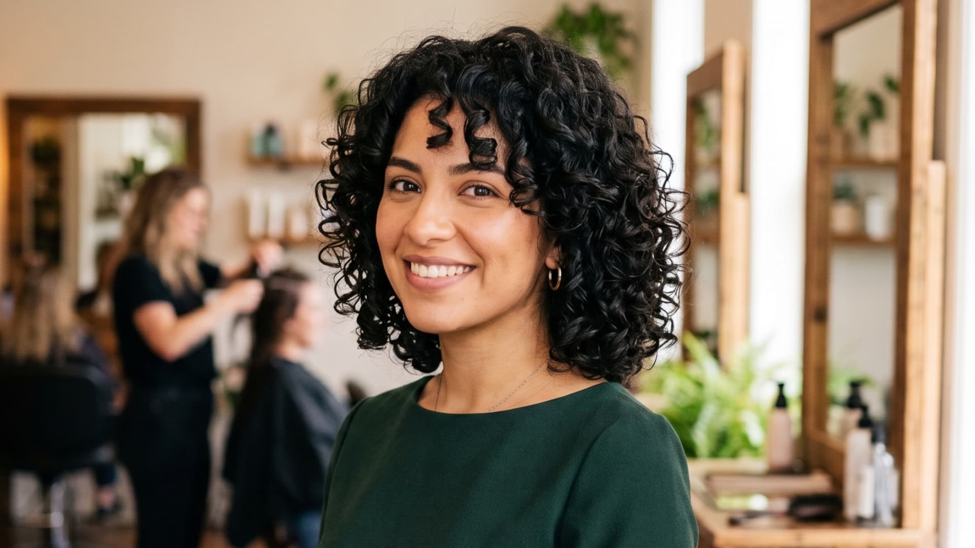 latina woman with a curly bob featuring defined curls balanced layers and controlled rounded volume
