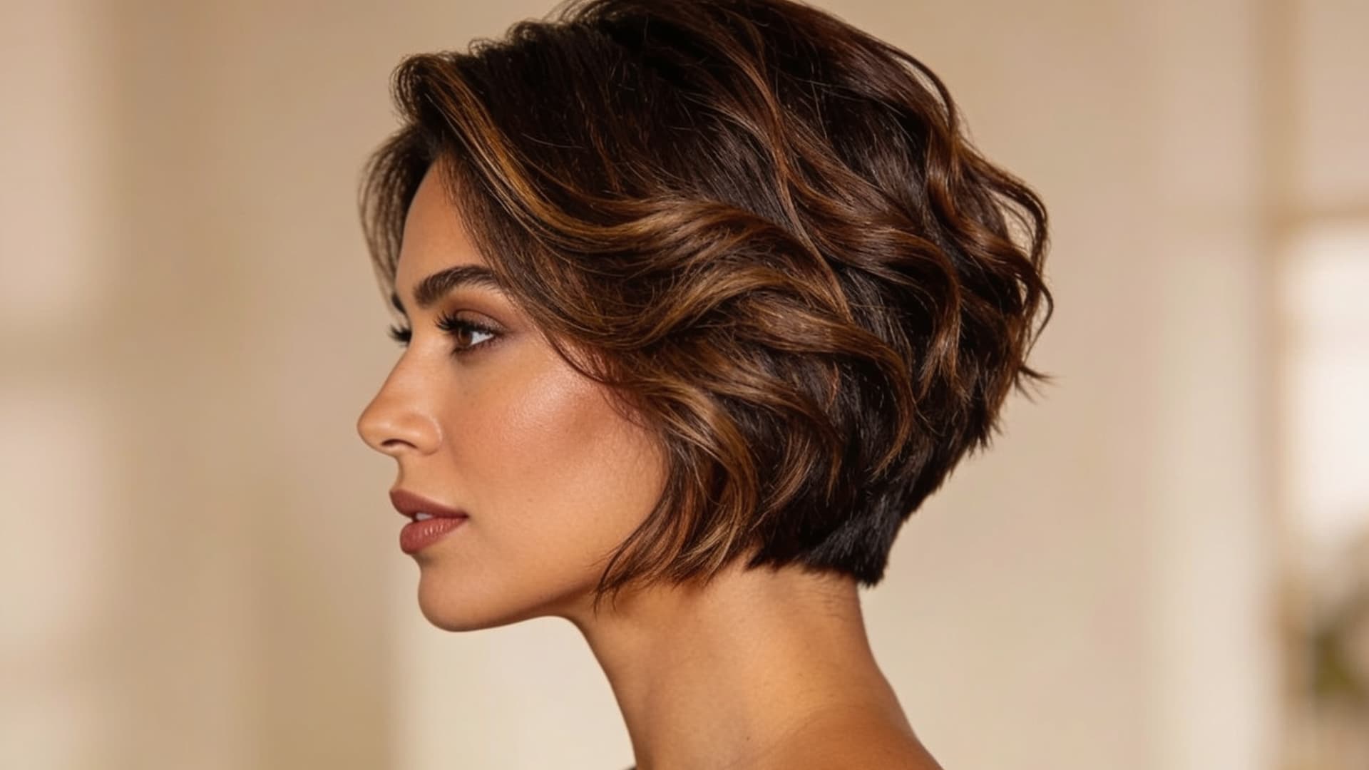 latina woman with a layered bixie haircut featuring blended layers and soft natural movement