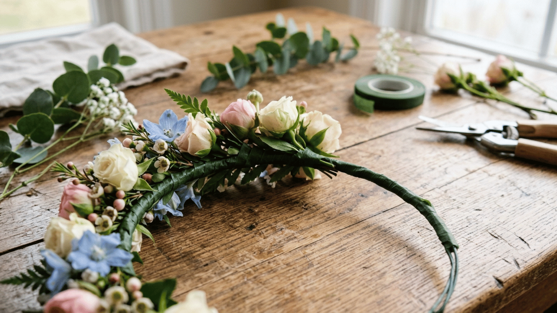 flowers and greenery layered around a wire flower crown base
