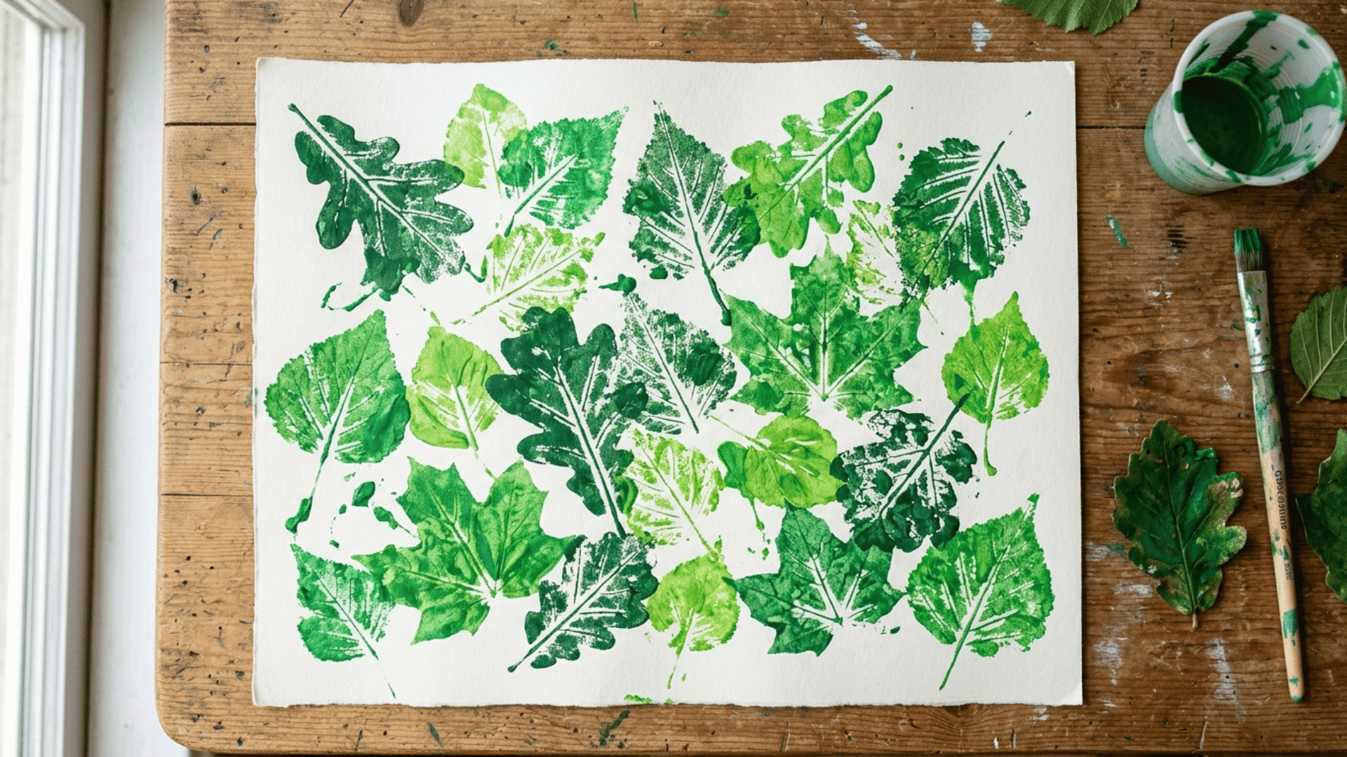 preschooler painting with several green leaf prints on paper