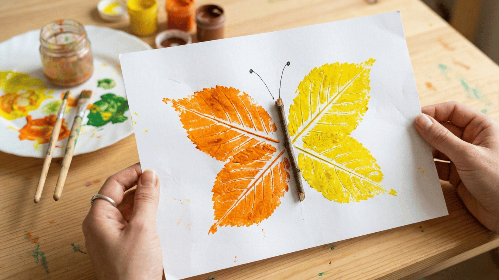 colorful leaf print butterfly craft made with painted autumn leaves and a twig on white paper for beginners