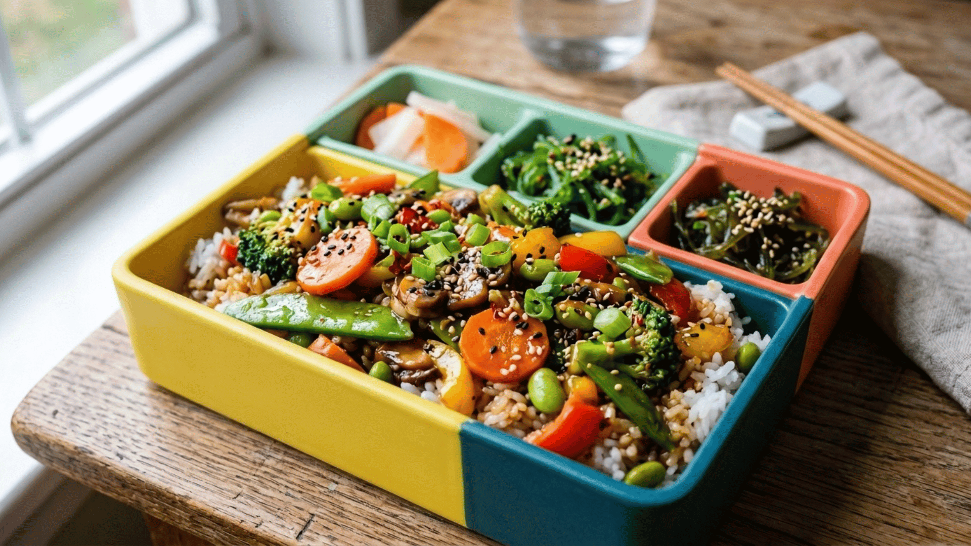 cold vegetable stir-fry with rice in a charcoal-gray slate-style bento box