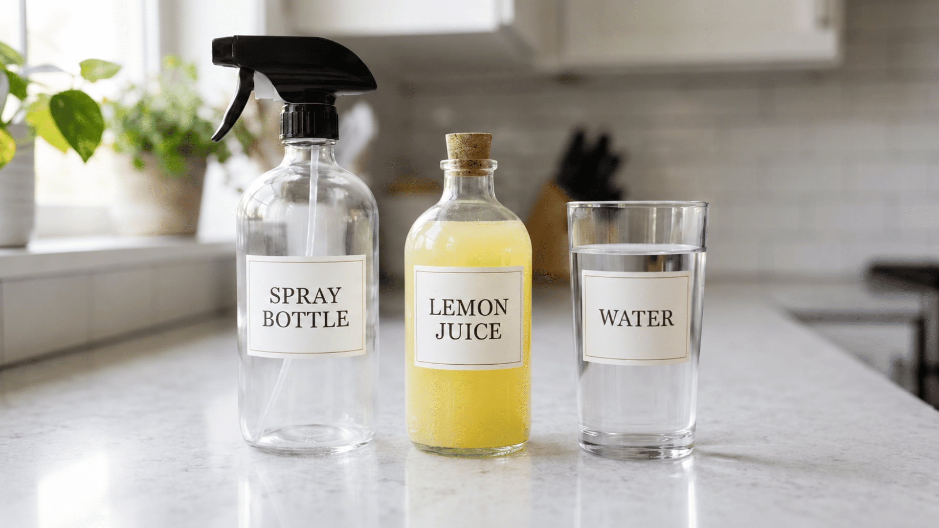 a spray bottle, fresh lemon juice, and water on a kitchen counter, ingredients for a fresh lemon juice window cleaner