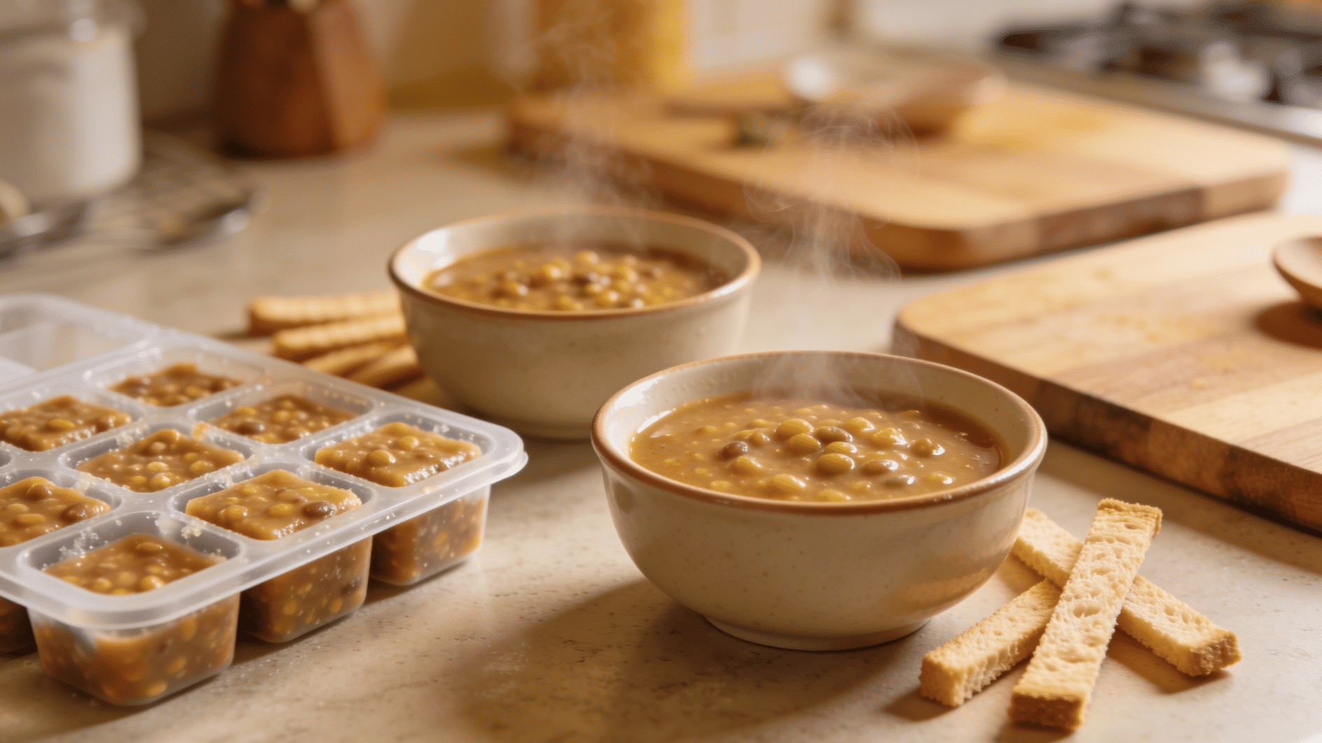 _lentil soup in small bowls and freezer cubes, toast strips on the side, warm home kitchen setting