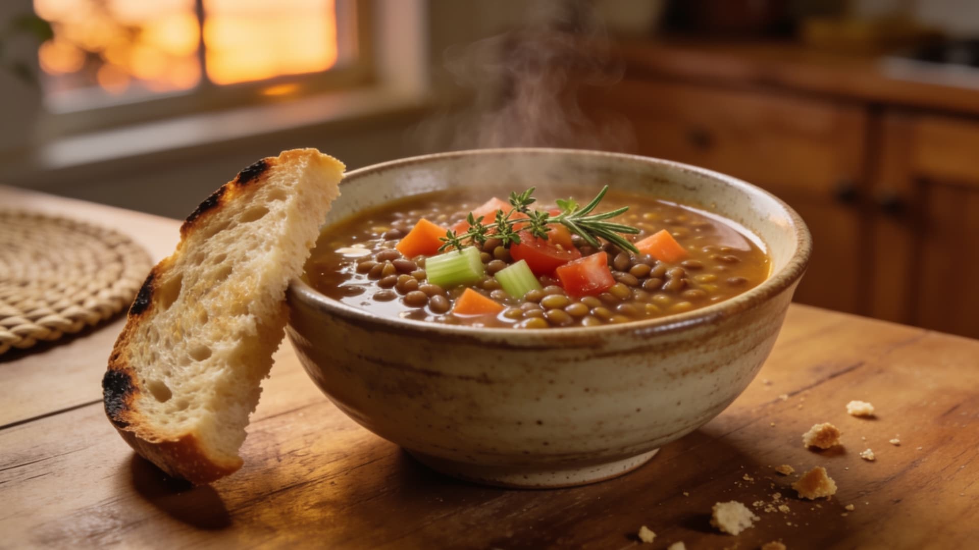 lentil soup with vegetables and herbs served hot in a bowl with bread on a wooden table