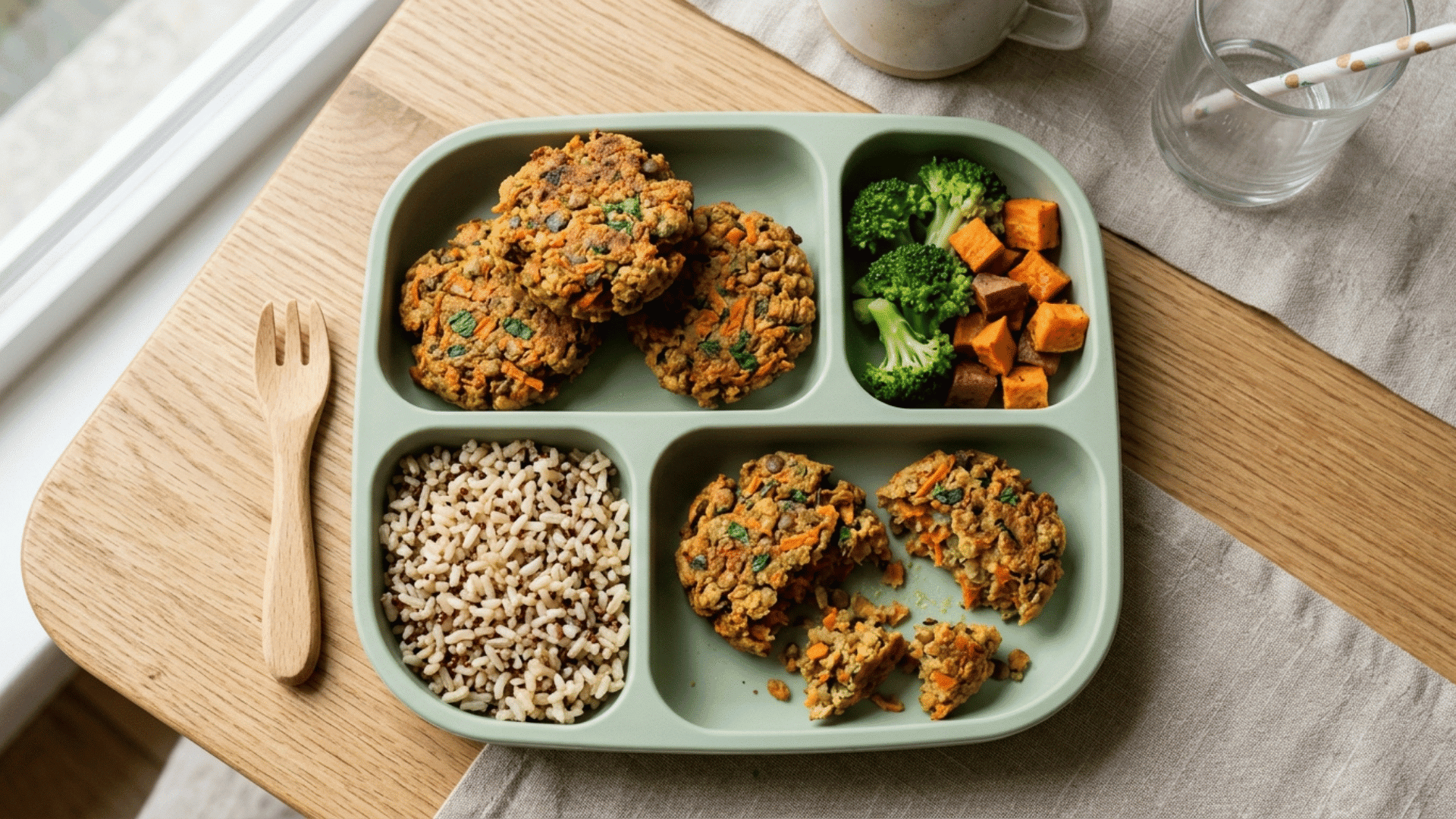 lentil and veggie patties served in a divided toddler tray as a protein <echighlighted><echighlighted><echighlighted><echighlighted><echighlighted><echighlighted><echighlighted><echighlighted>baby dinner</echighlighted></echighlighted></echighlighted></echighlighted></echighlighted></echighlighted></echighlighted></echighlighted> idea