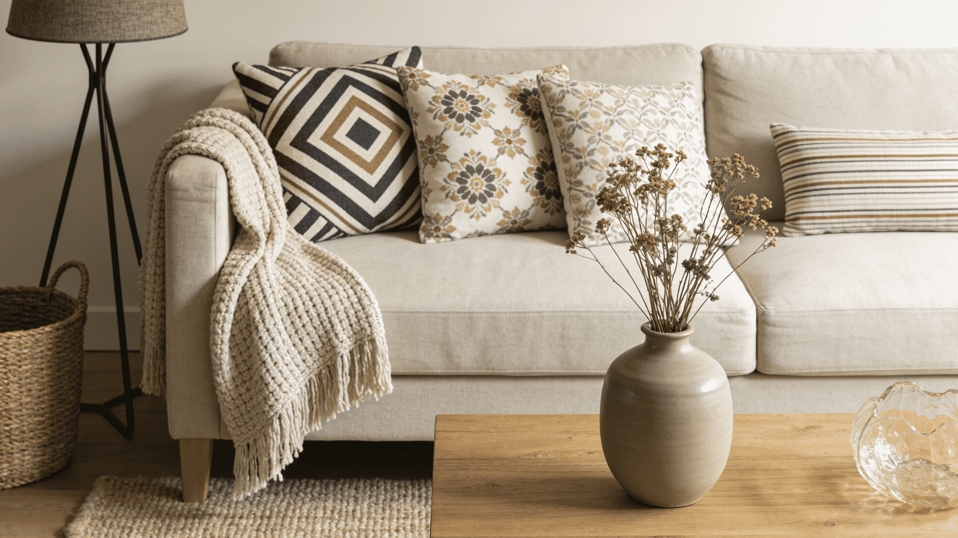 linen, wool, wood, ceramic, glass, and woven textures create a balanced and comfortable living room