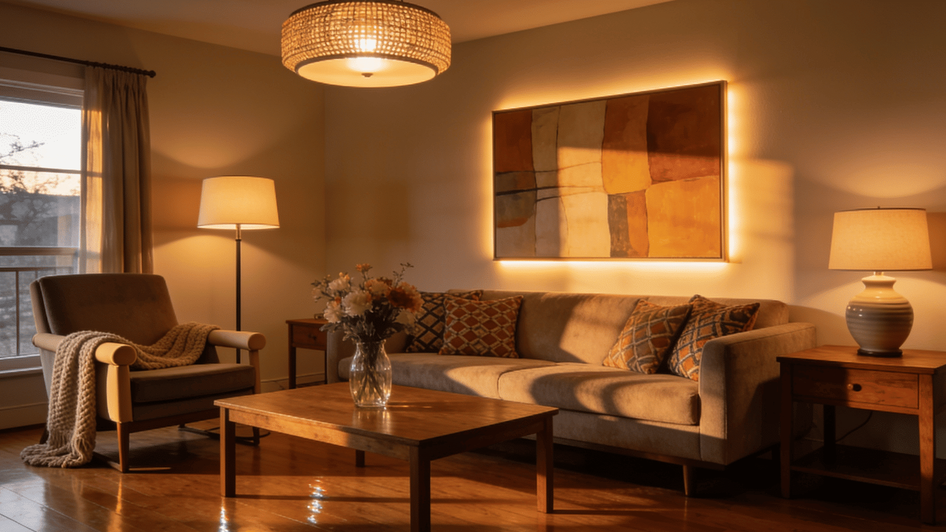 living room uses ceiling, floor, table, and wall lights to create practical layered lighting throughout