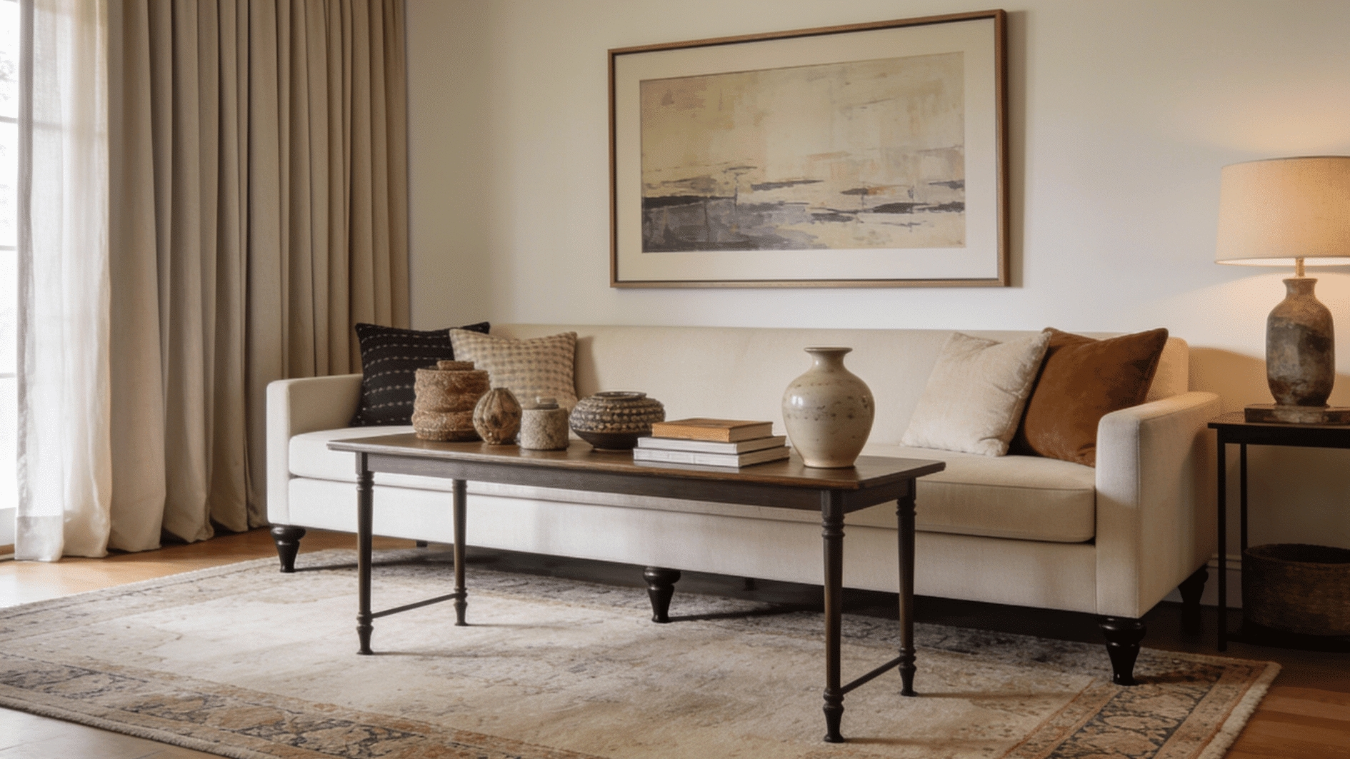 living room with a large rug, ceiling-height curtains, framed artwork, and neatly grouped decorative pieces