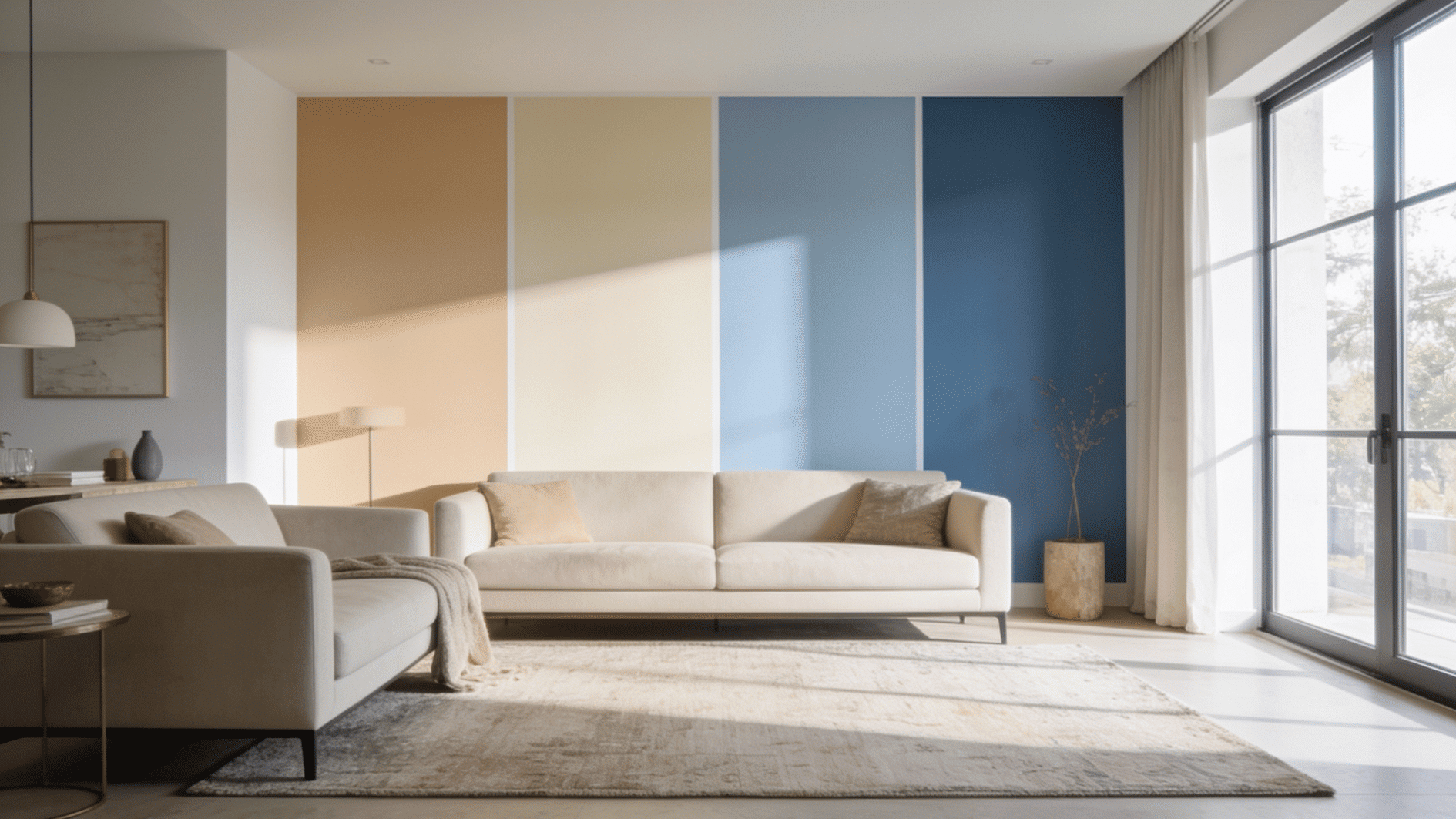 living room with cream sofas and a wall painted in warm terracotta, beige, and blue color swatches.