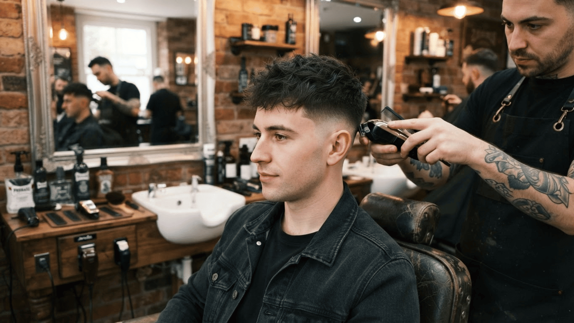 low fade haircut in progress with barber trimming textured top and faded sides in a modern barber shop