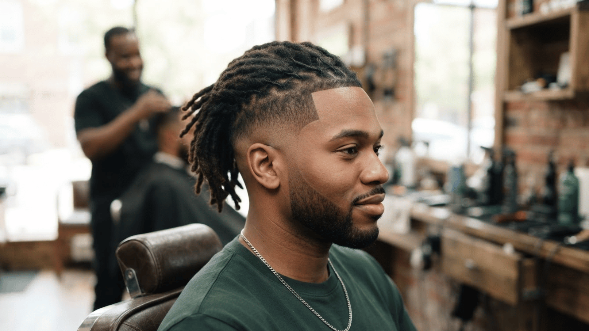 low fade haircut with braided dreadlocks and clean faded sides on man sitting in barber shop chair
