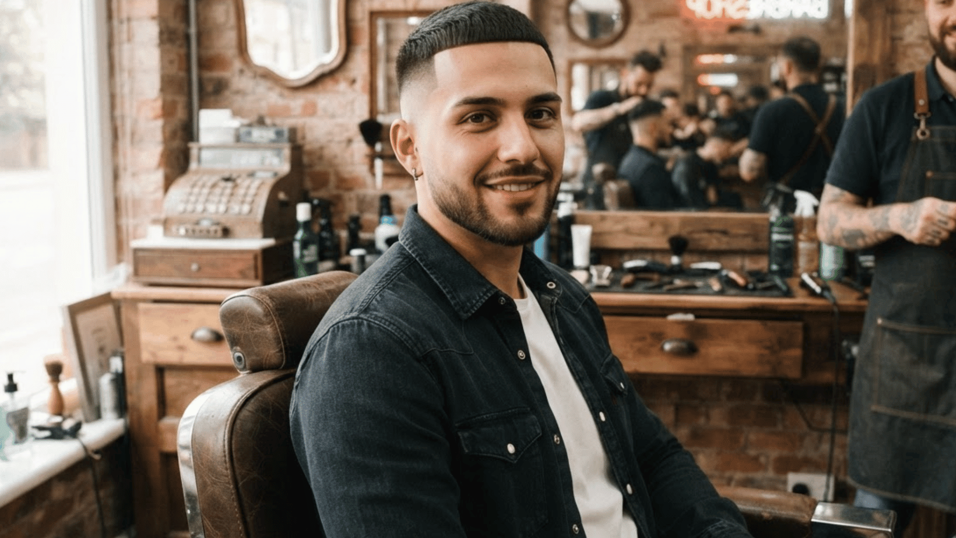 low fade haircut with clean short sides and textured top on man sitting in a barber shop chair with grooming tools behind