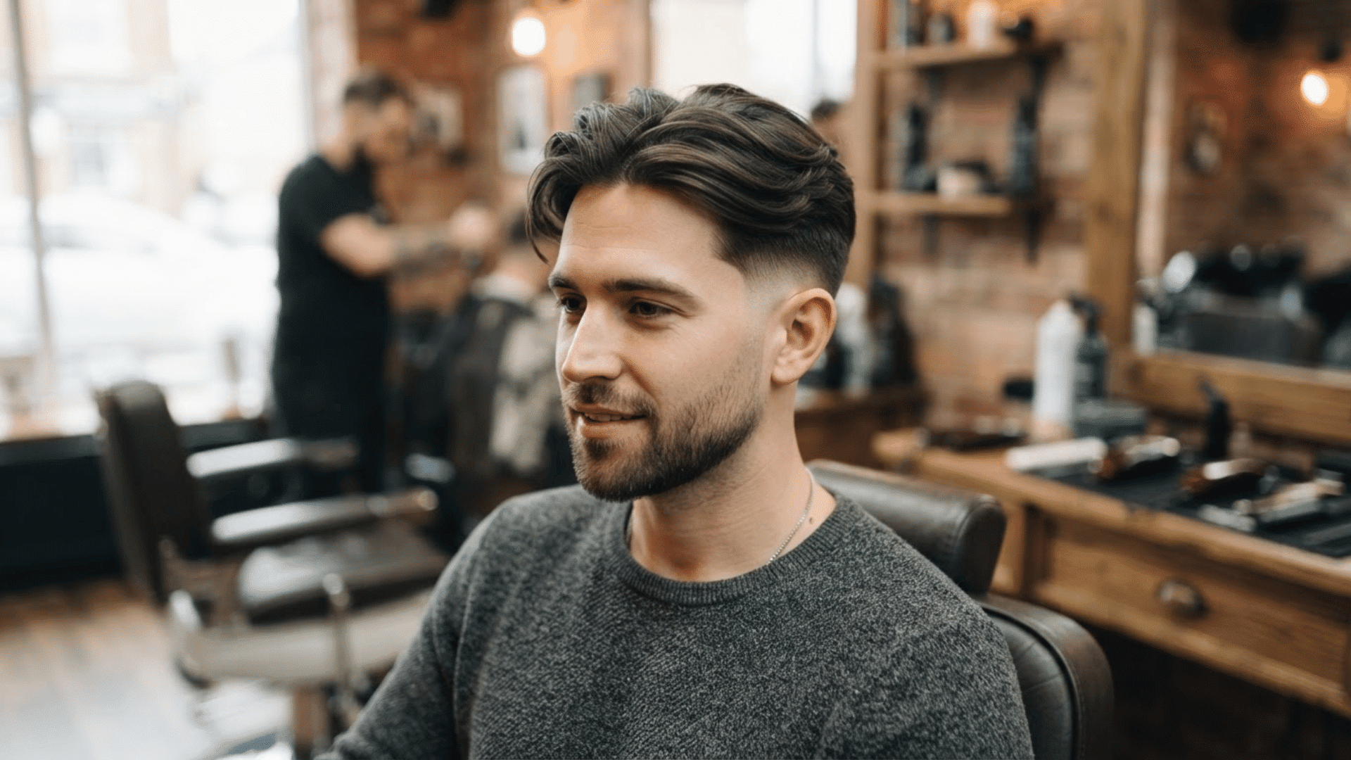 low fade haircut with middle part and textured top on man sitting in barber shop chair with modern salon background