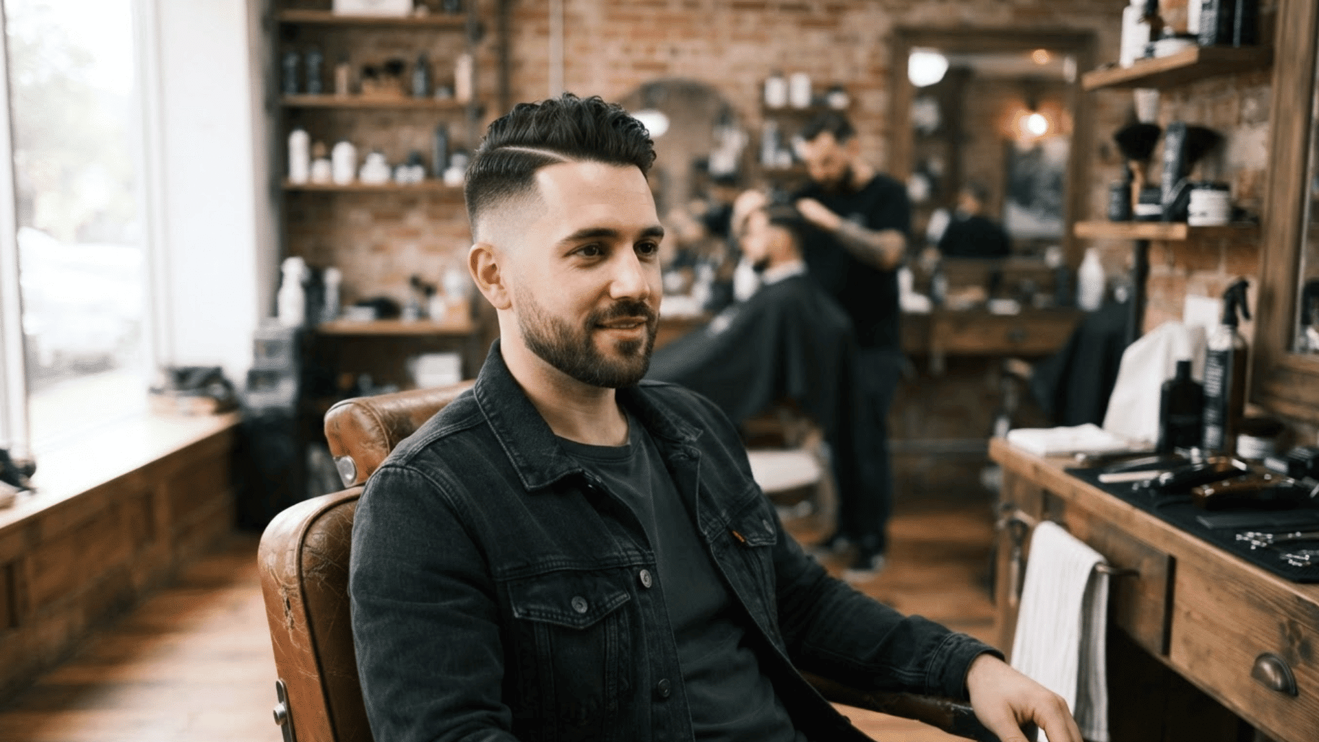 low fade haircut with side part and textured top on man sitting in barber shop chair with grooming setup in background