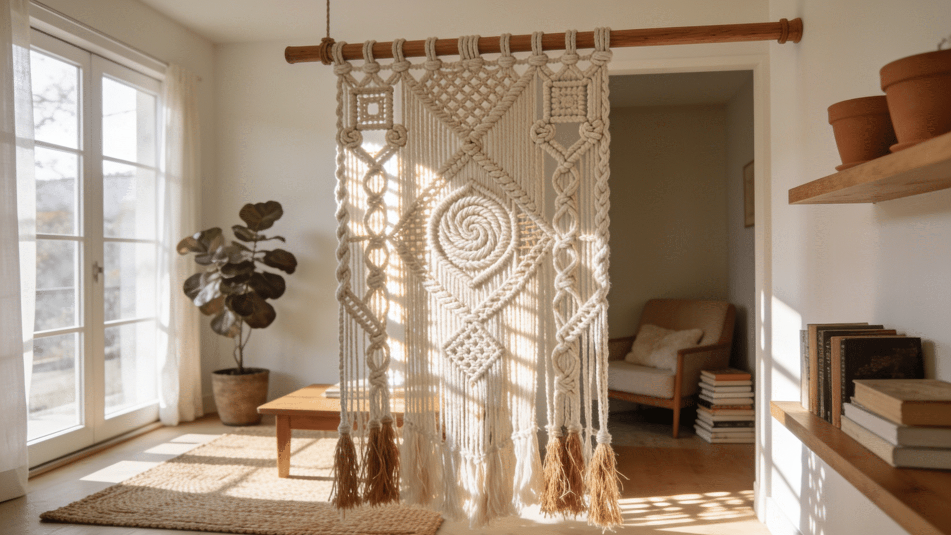 `macrame knotted rope panel hanging as a room divider`