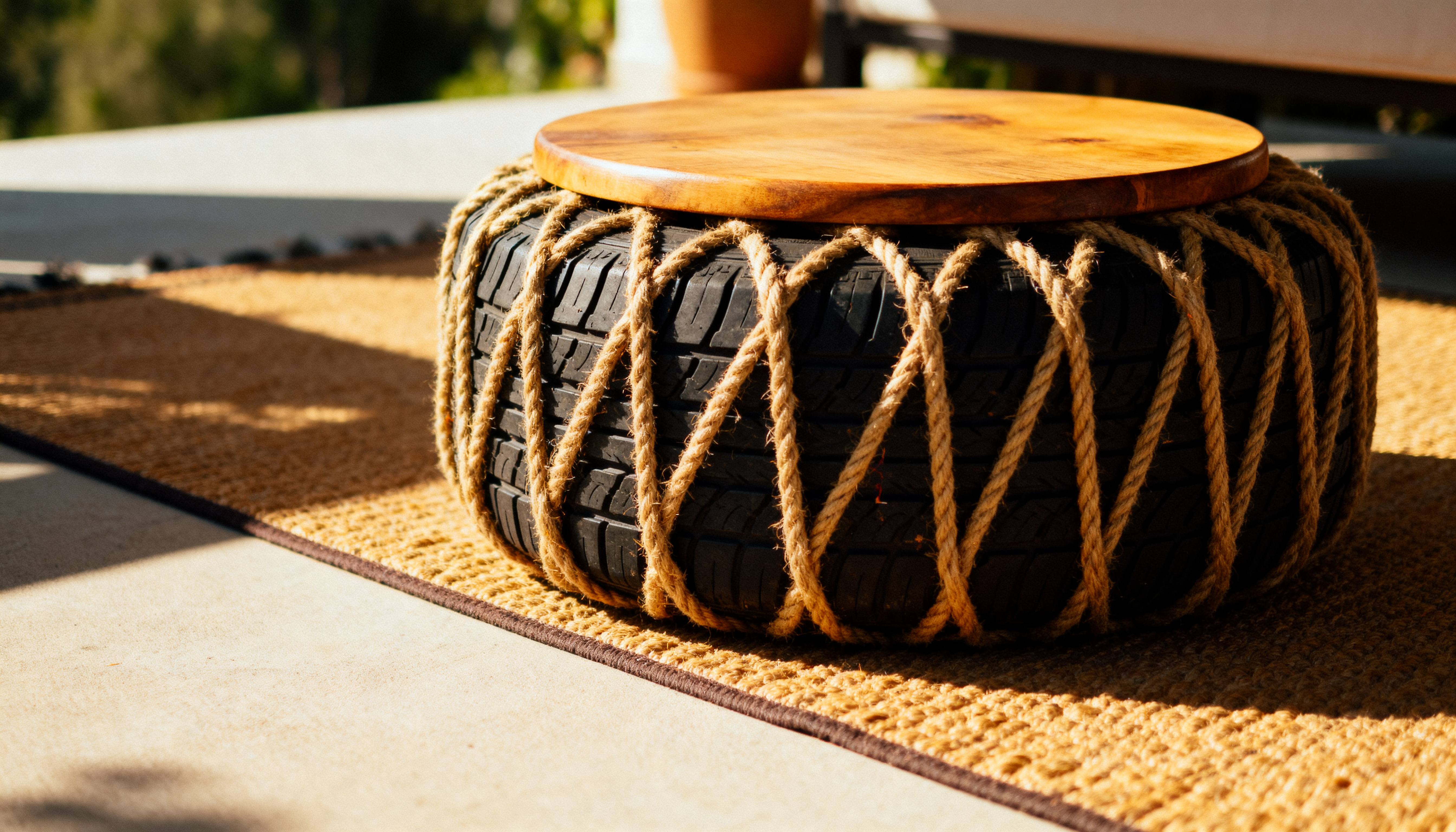 Upcycled tire ottoman wrapped in rope with a wood top