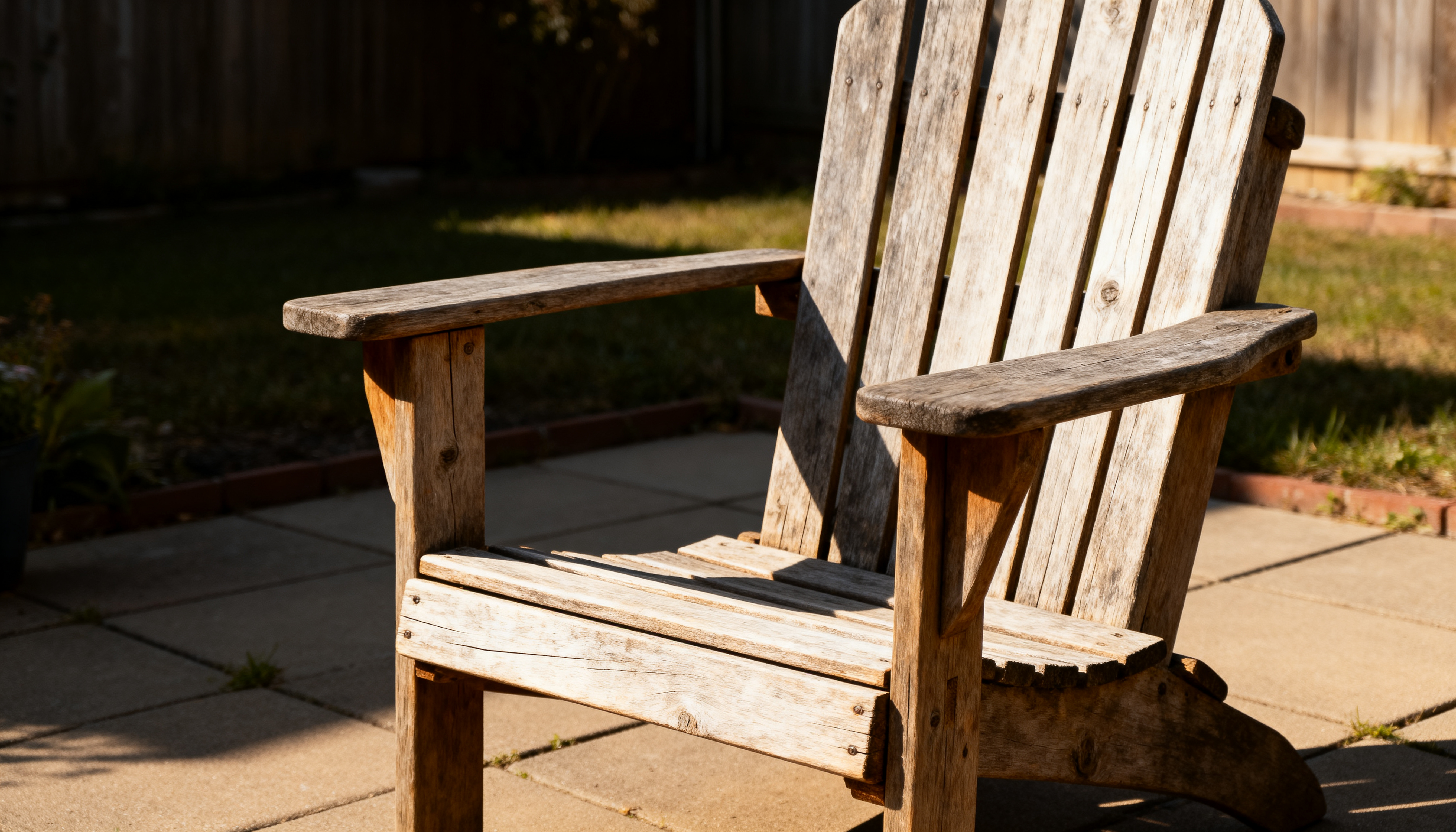 Weathered handmade wooden outdoor chair on a backyard patio