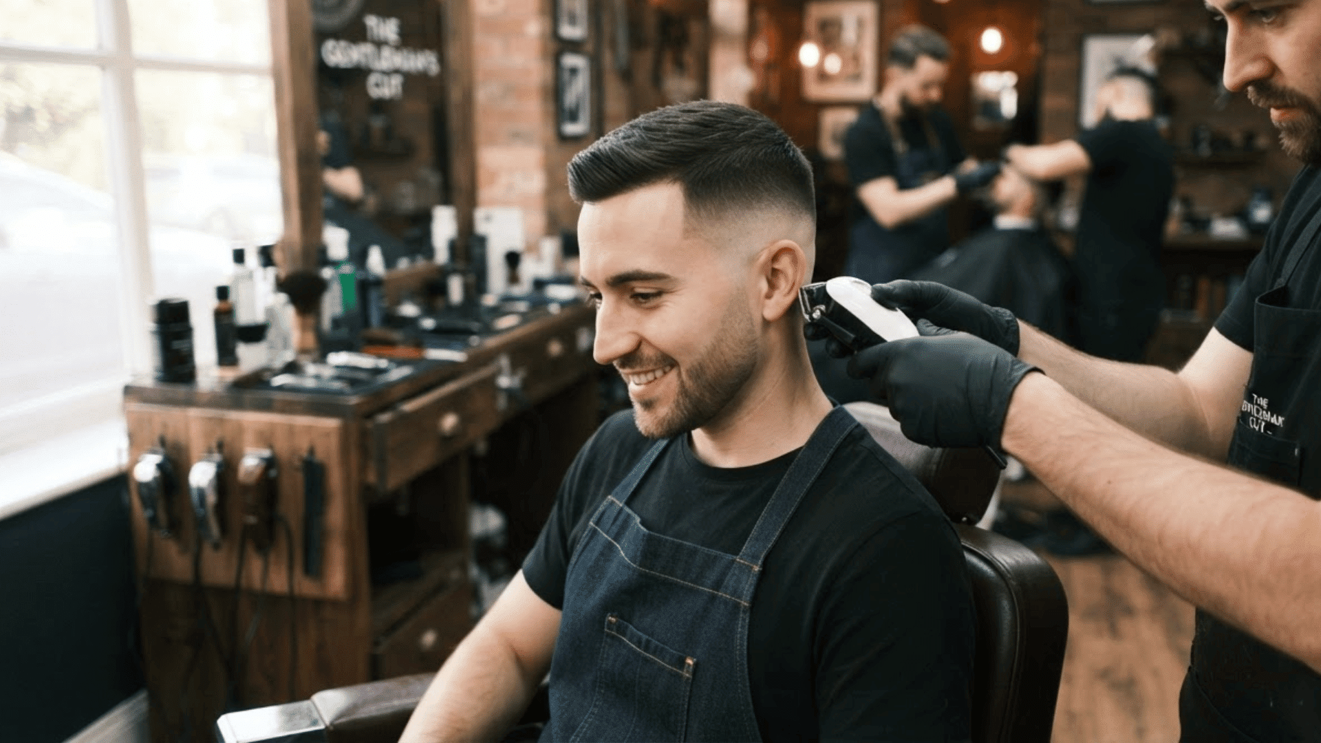 man getting a low fade haircut in barber shop with clippers creating clean sides and neat hairstyle finish