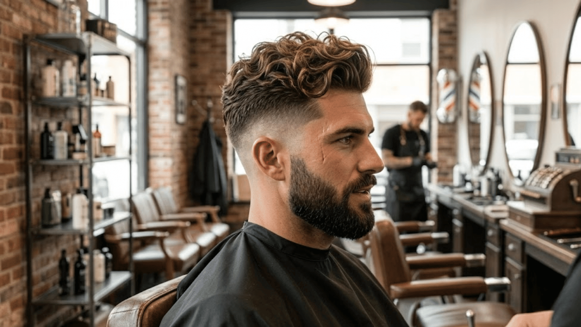 man showing a low fade haircut with long textured hair styled on top side profile view