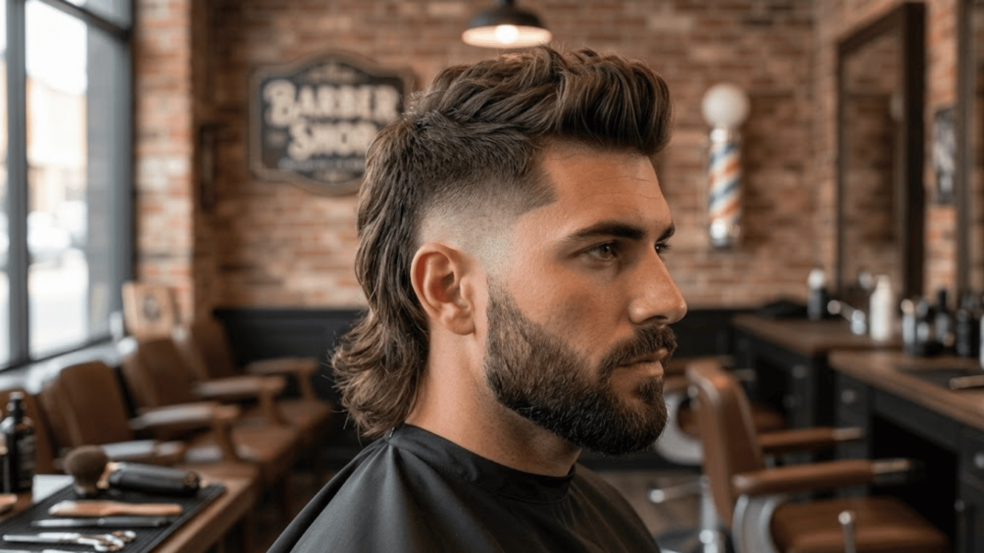 man with a modern mullet haircut featuring a low fade on the sides and long hair at the back side profile view