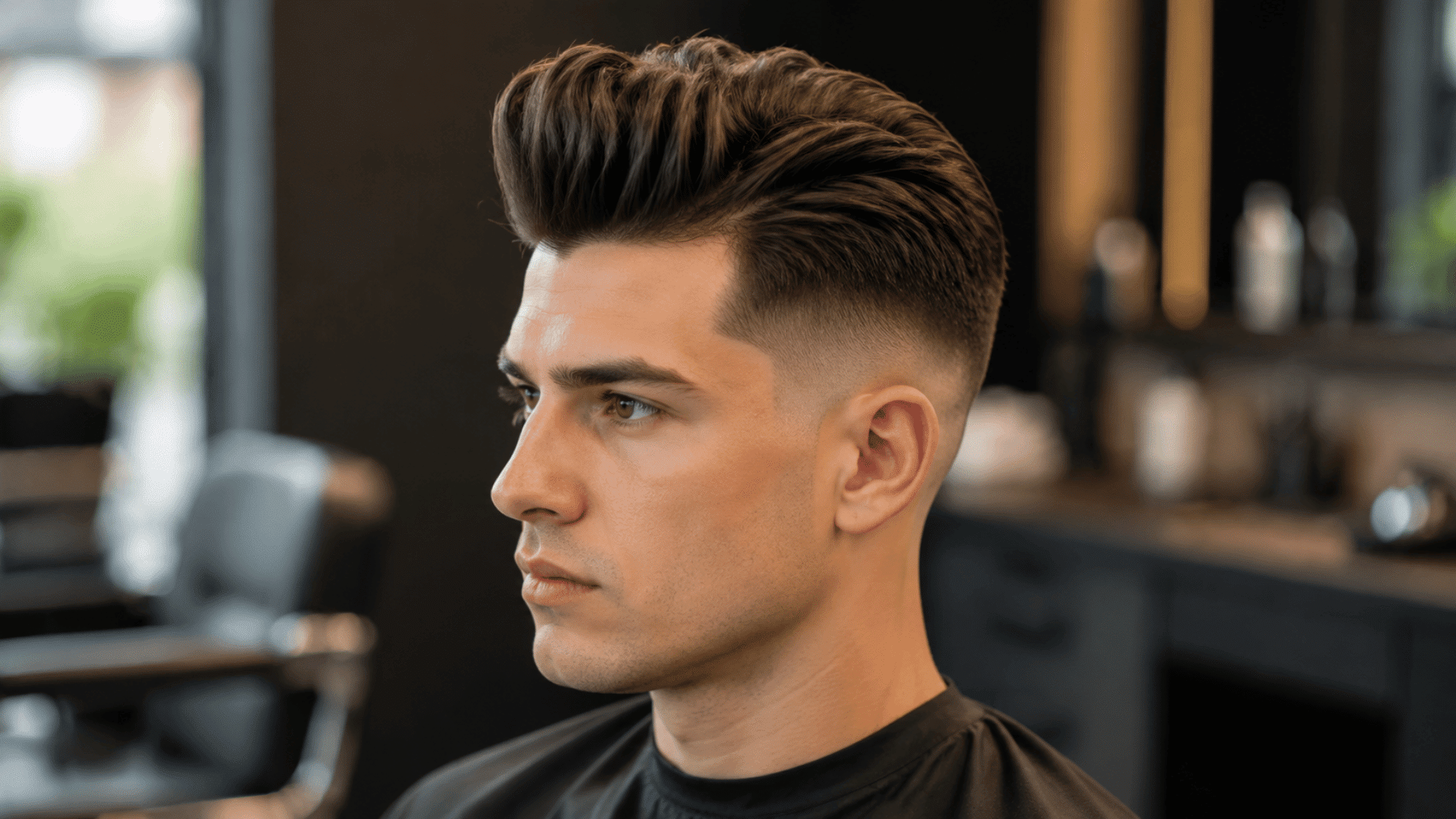 man with a modern pompadour hairstyle and a clean skin fade haircut sitting in a barbershop side profile view