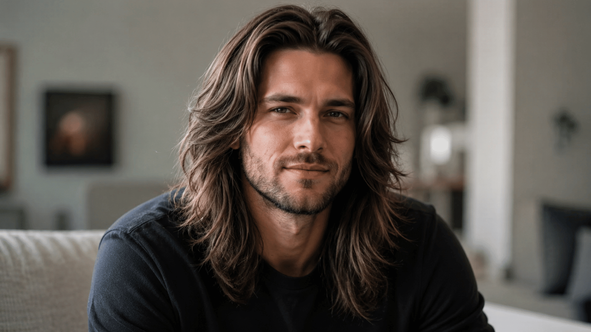 man with long wavy brown hair and beard wearing a black shirt in a softly lit living room