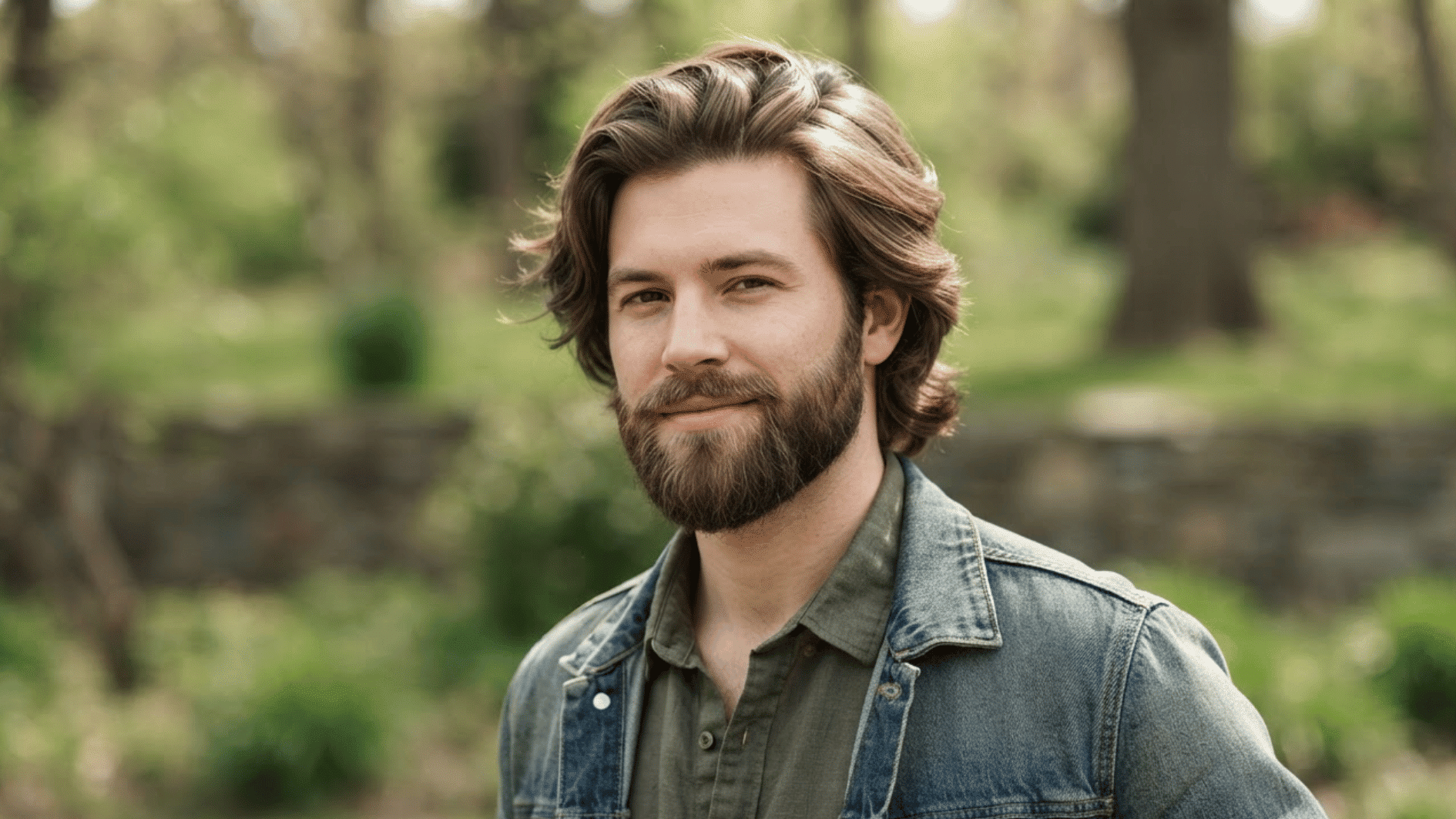 man with medium length flow haircut outdoors showing layered hair and full beard style