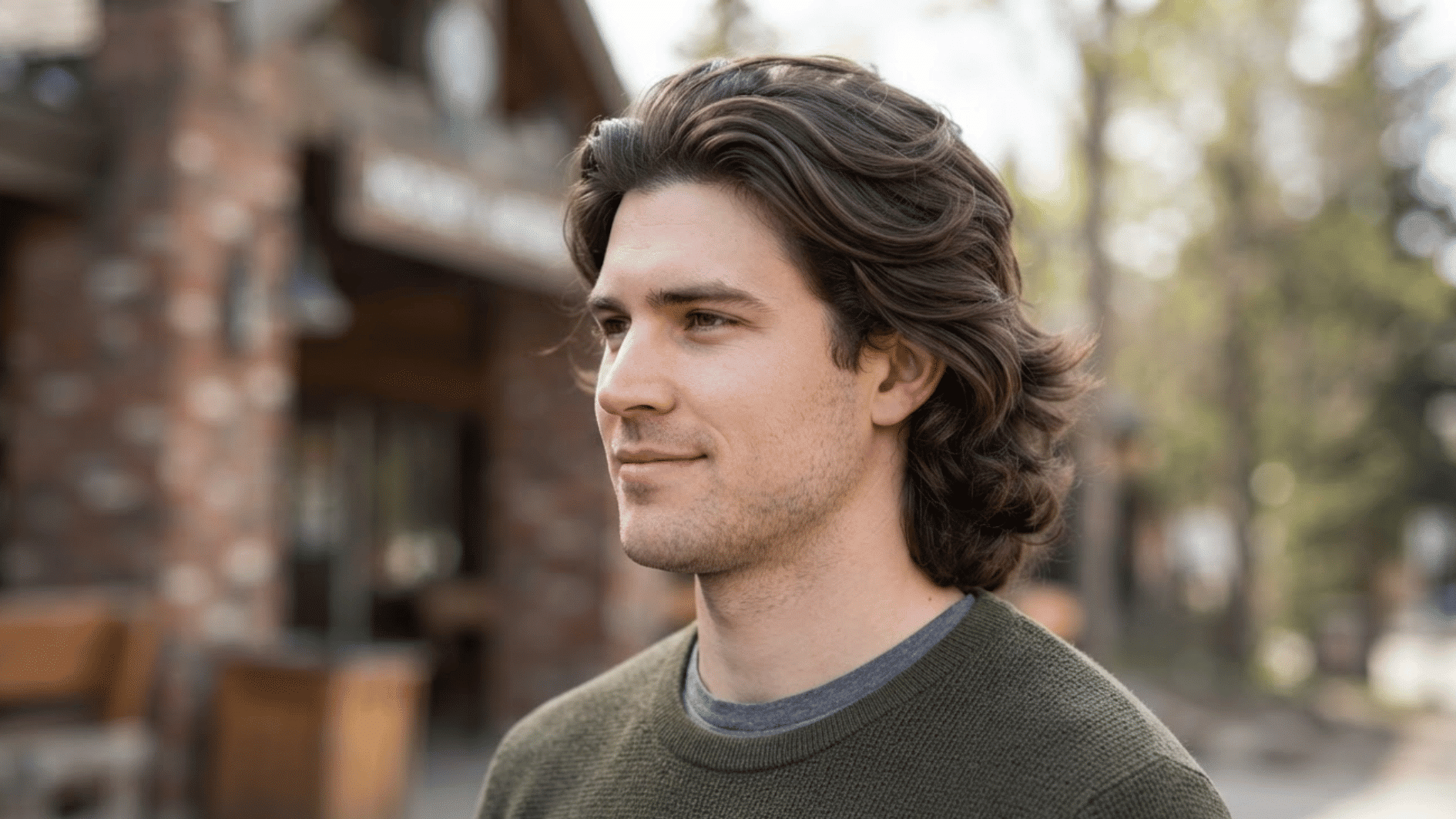 man with medium length flow haircut outdoors showing layered swept back hair and natural texture