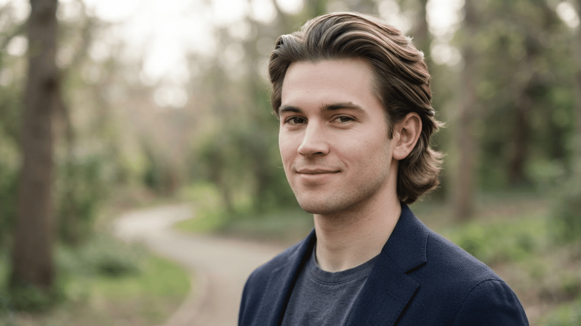 man with medium length flow haircut outdoors showing smooth swept back hair and layered texture