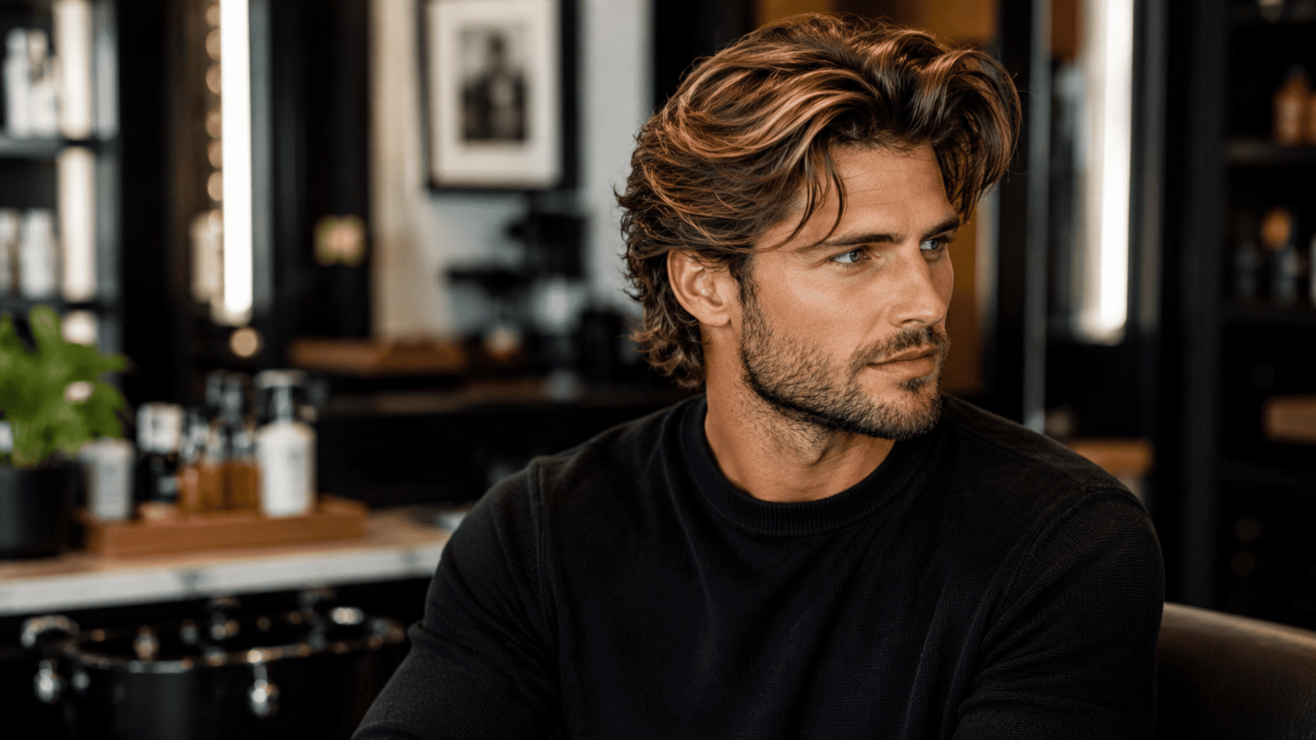 man with medium length flow haircut sitting indoors with styled wavy hair and black sweater