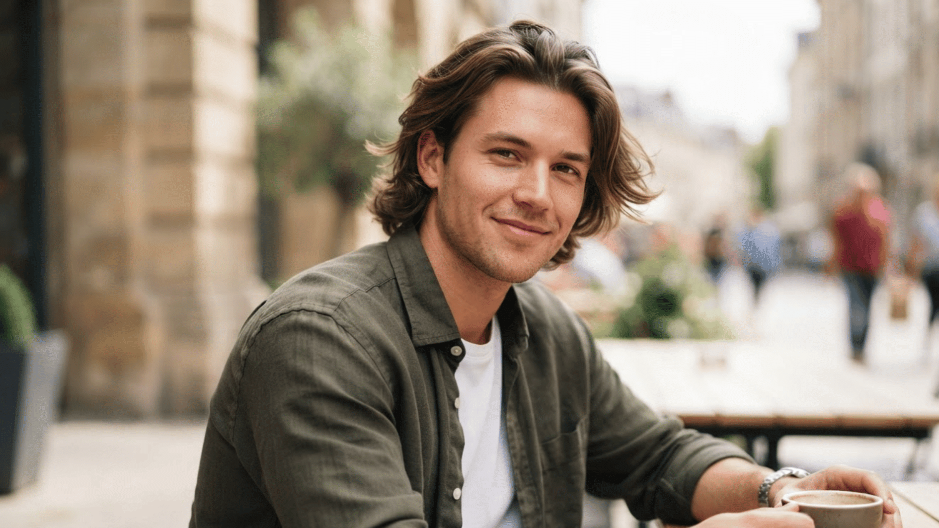 man with medium length flow haircut sitting outdoors with natural layered hair and casual style