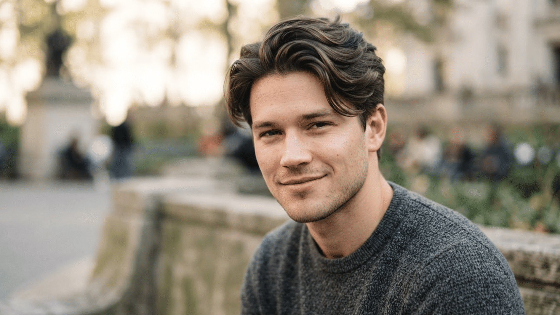 man with short flow haircut outdoors showing textured layers and swept back hair style