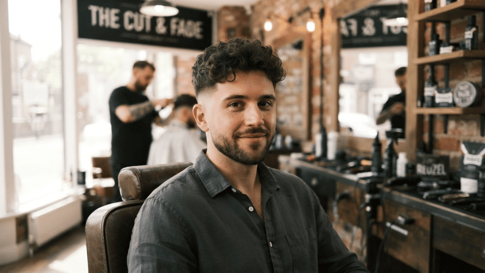 man with textured low fade haircut sitting in a barber shop chair with modern hairstyle and grooming setup in background