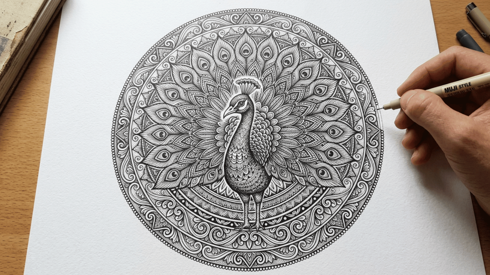 a highly detailed black ink drawing of a peacock centered inside a complex circular mandala pattern