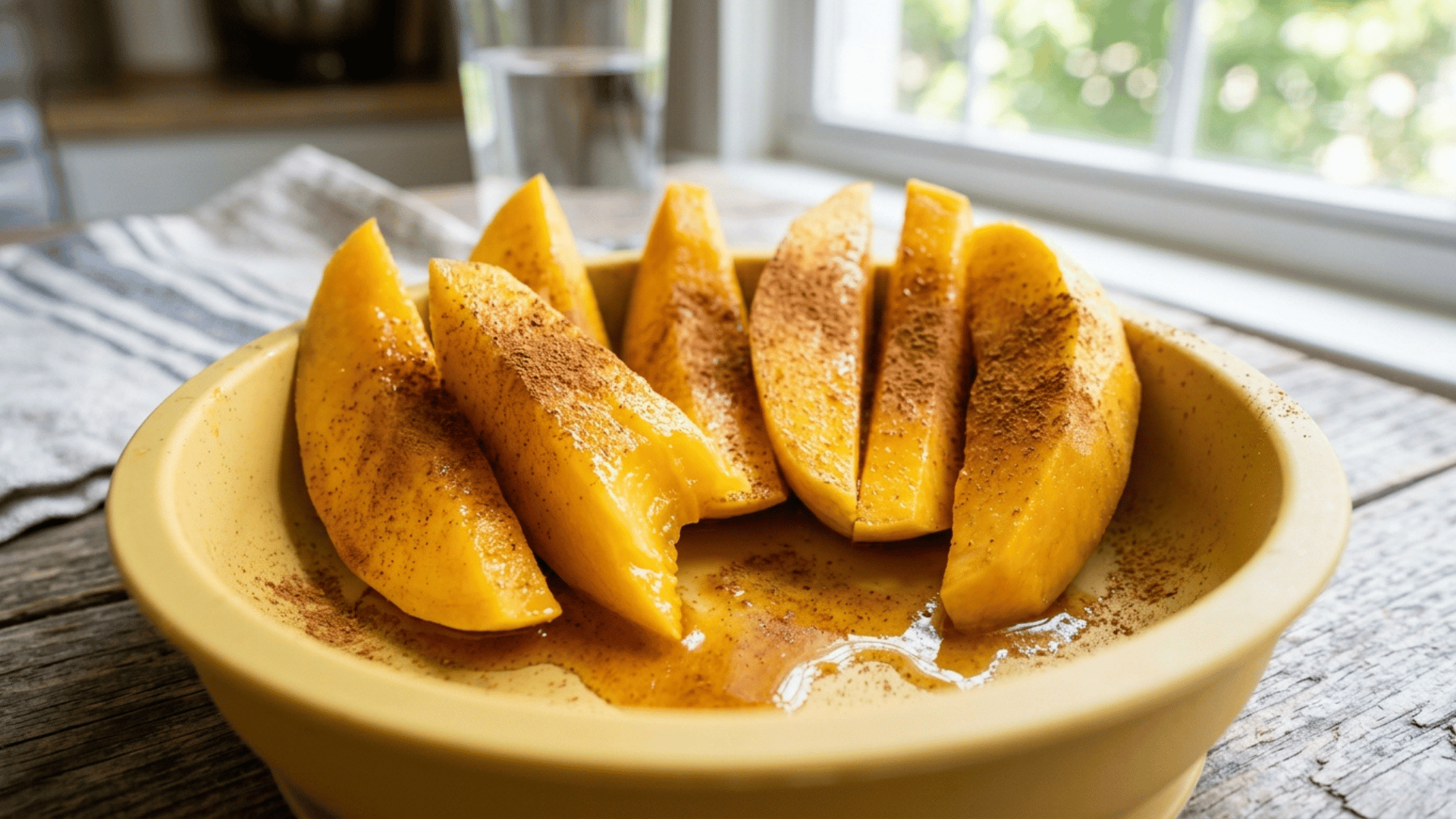 cinnamon-dusted mango spears served in a yellow silicone bowl