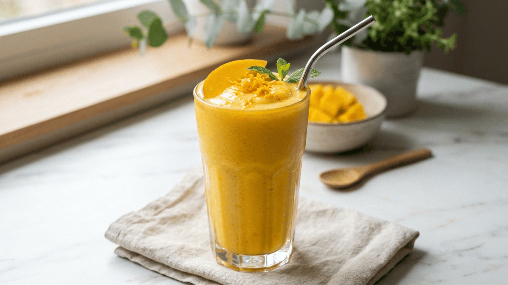 mango sunshine smoothie in a glass topped with fresh mango slice