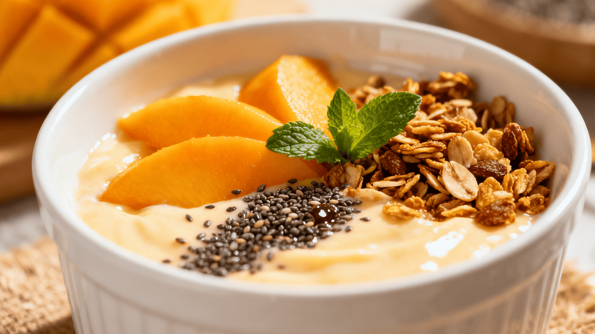 mango yogurt bowl with diced mango, banana slices, puffed quinoa, and cinnamon dusting